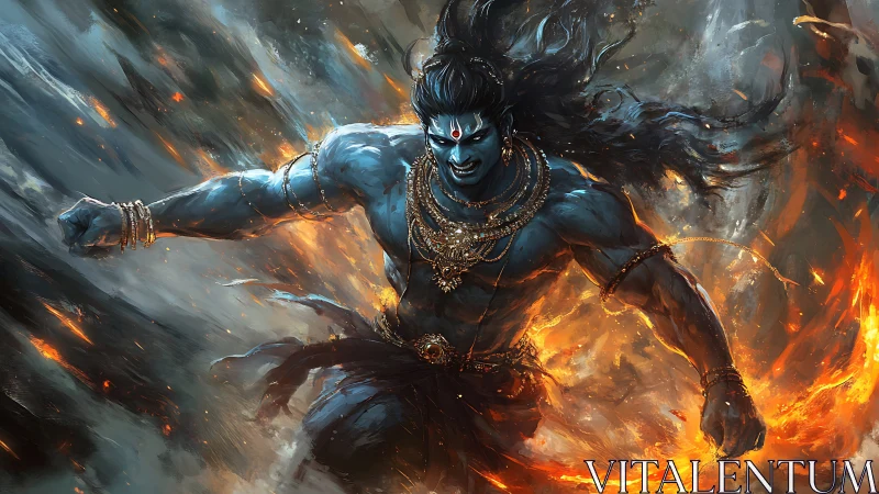 Mythic blue warrior accelerates through fire with dynamic motion blur