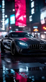 Mercedes sports car on wet neon city street at night.