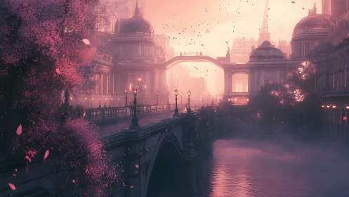 Pink-lit neoclassical river cityscape shows bridge and skyway