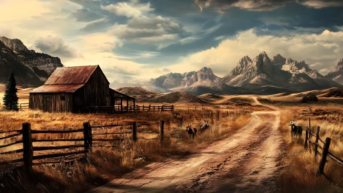 Digital pastoral landscape with rustic barn and valley road.