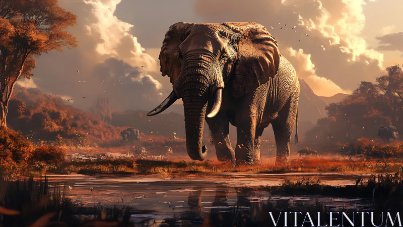 Gentle giant crossing a sunlit autumn savanna pond.