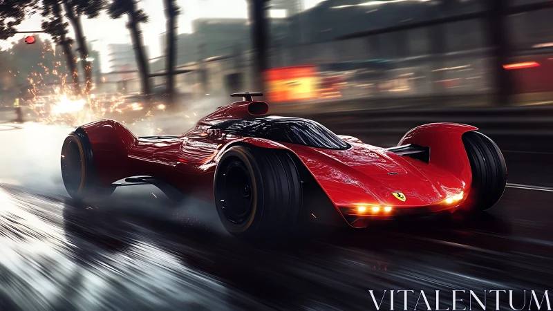 Futuristic red hypercar slices through neon-soaked wet avenue