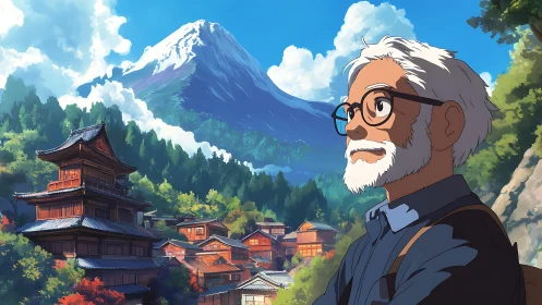 Elder traveler gazes over mountain village landscape.