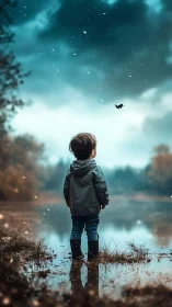 Child watches lone bird over reflective lakeside puddle