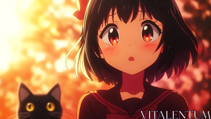 Soft autumn glow surrounds a shy anime girl and her cat