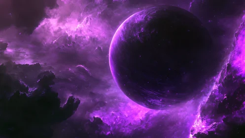 Digital painting of violet nebula and eclipsed exoplanet sphere.