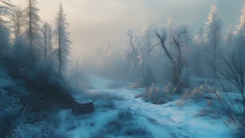 Frozen Woodland Stream Through Misty Forest