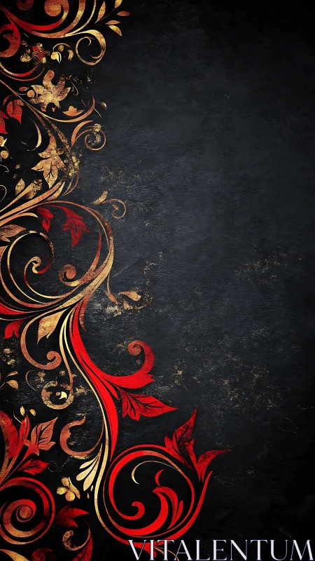 Ornate red-gold floral scrollwork on distressed noir ground.