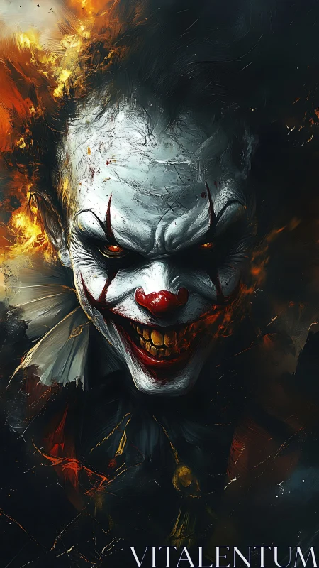 Demonic clown emerges from burning darkness with manic grin