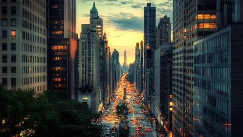 Sunset city avenue glows with golden traffic and high-rise lights