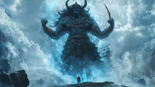Colossal blue storm deity towering over lone mountain warrior.