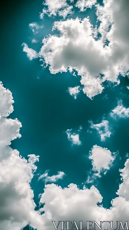 Cumulus cloud ring framing deep teal midday sky center