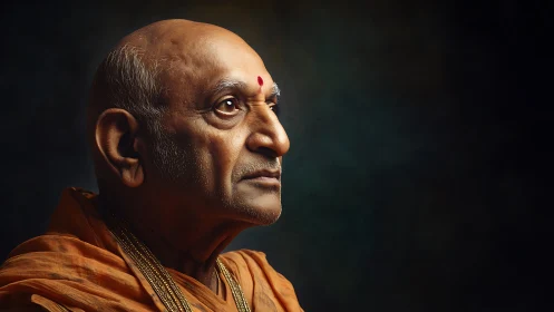 Profile portrait of elderly man in traditional attire.