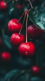 Close-up of wet red cherries on branch with green foliage.