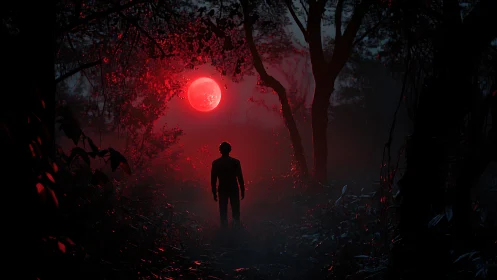 Silhouetted wanderer confronts blood-red moon in dense forest