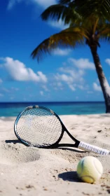 Sunlit tennis racket daydreams quietly on a tropical shore