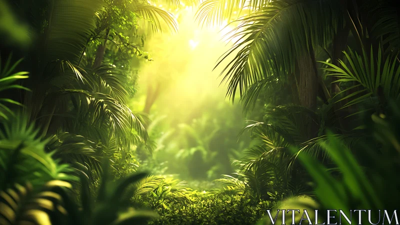 Diffused sunlight filtering through layered tropical foliage canopy.