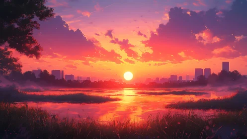 Radiant urban sunset over misty riverside wetlands panorama.