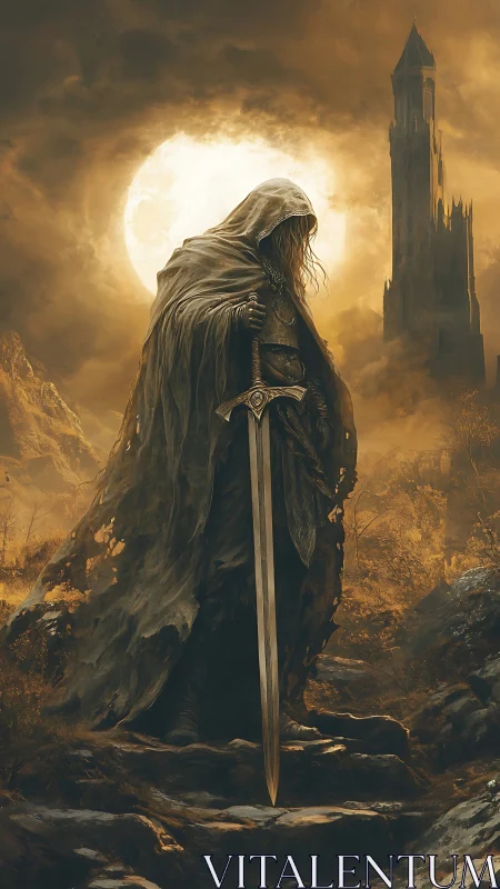 Hooded spectral knight with greatsword before lunar backlight