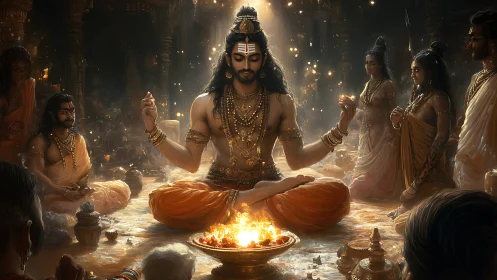 Sacred fire meditation in a golden temple gathering.