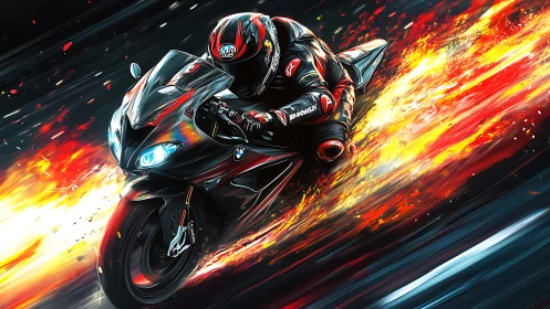 Rider in a blaze of speed on a flaming night highway.