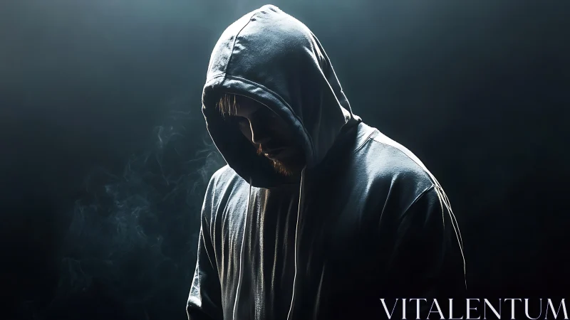 Hooded figure in dramatic shadow with cinematic rim lighting.