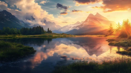 Sunlit alpine lake with mirrored mountain and storm clouds