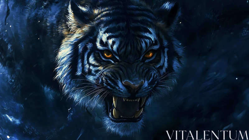 Midnight tiger strides through shadows with fierce golden fire.