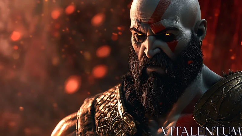 Bearded warrior portrait under burning ember light glow.