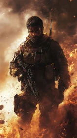 Photorealistic tactical soldier amid cinematic firestorm focus.