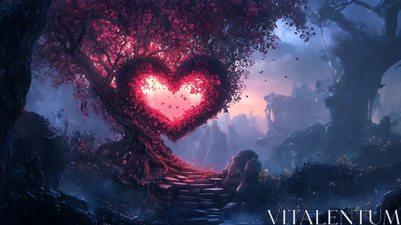 Luminescent Heart Tree: Fantasy Landscape with Glowing Foliage and Mystical Valley.