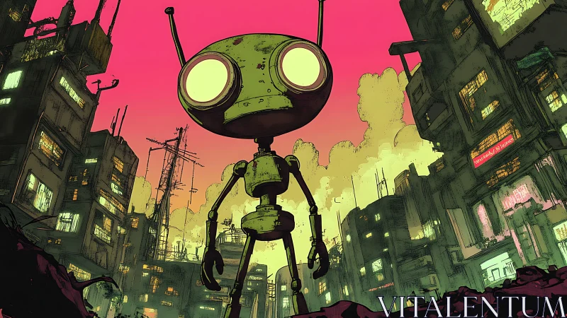 Green robot stands in neon city street at vivid sunset.