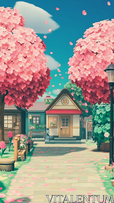 Tree-lined path leads to small house under stylized sky