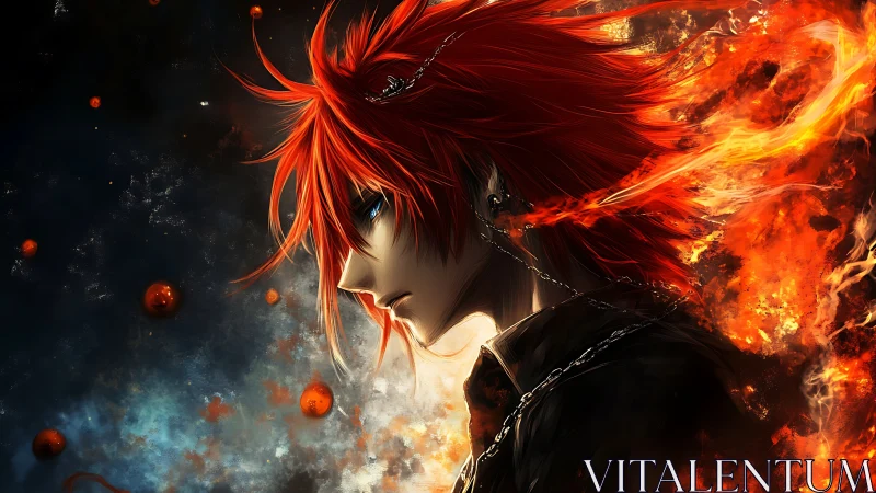 Fiery red-haired anime warrior in profile amid cosmic flames.