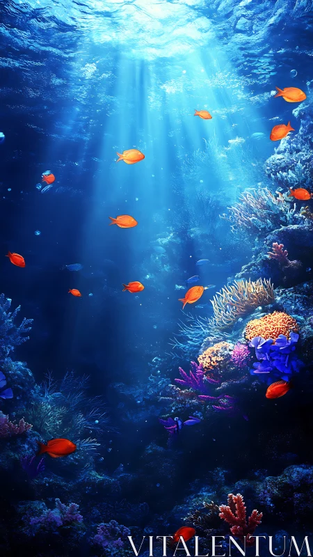 Sunlit coral garden with playful orange reef fish below.