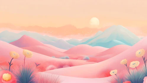 Pastel desert hills glow under soft sunrise sky