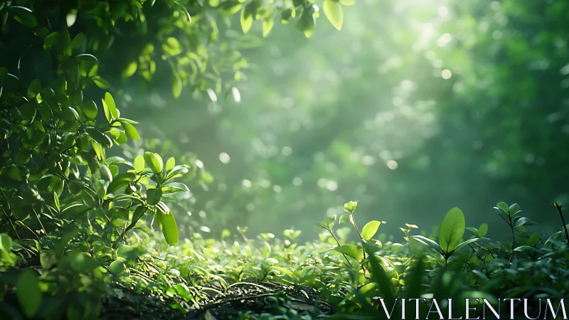 Forest Floor Illuminated by Dappled Sunlight Through Canopy