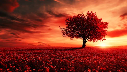 Solitary crimson tree above a glowing red horizon field.