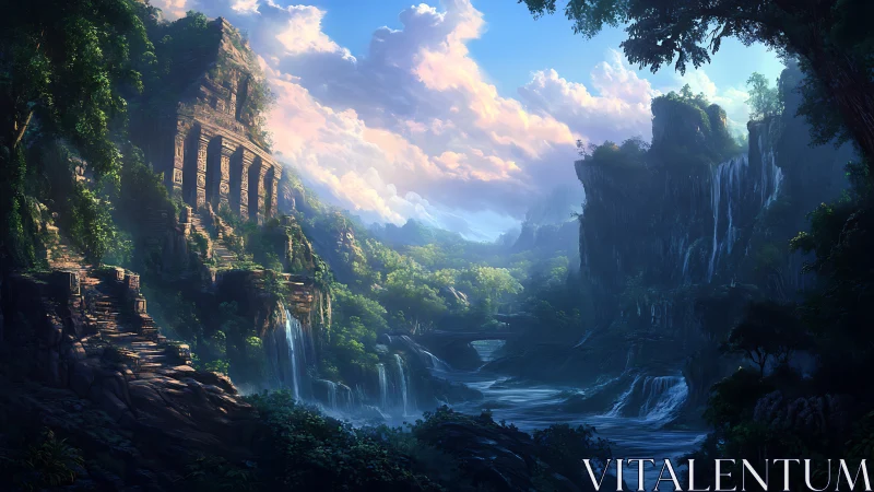 Layered jungle canyon with stepped ruins and volumetric waterfalls