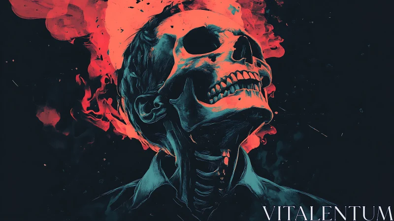 Flaming skull portrait exposes glowing spine in dark void