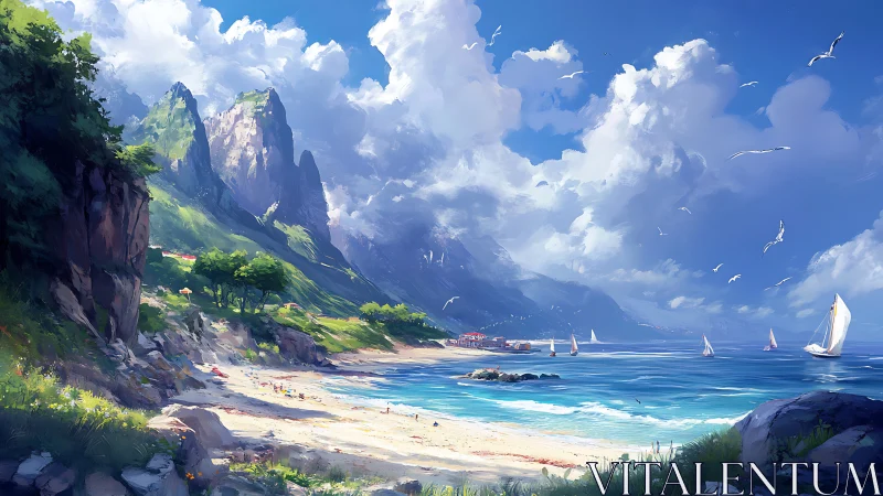 Coastal landscape depicting cliffs, beach, and sailboats beneath cumulus clouds.