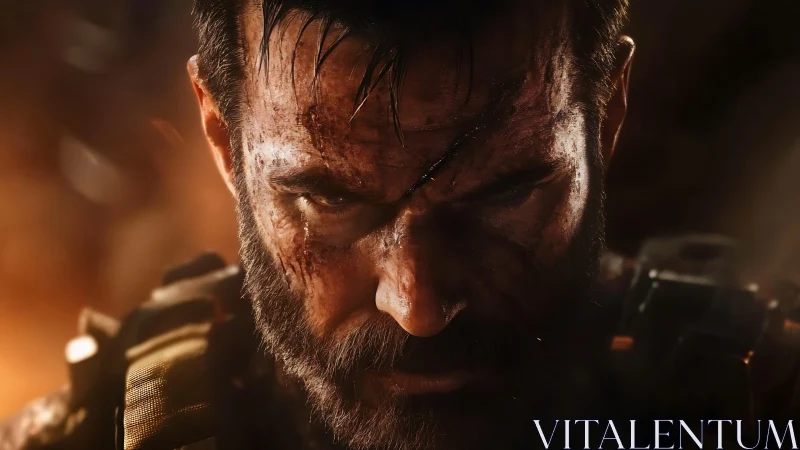 Battle-scarred warrior lowers his gaze into simmering fury