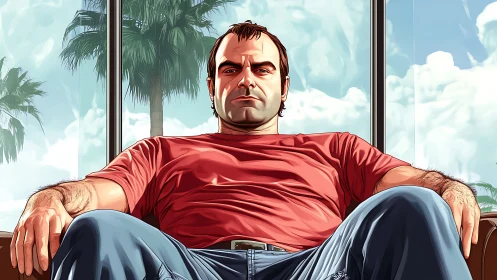 Sunlit seated man in red shirt with cinematic posture.