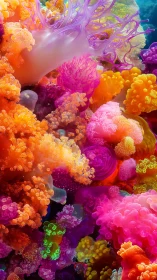 Vibrant digital reef with neon soft corals in bloom.