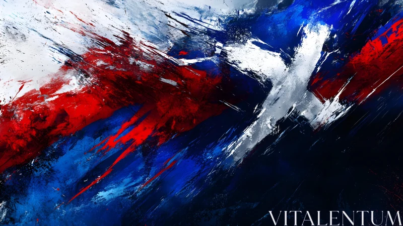 Abstract Expressionist Painting with Bold Red, Blue, and White Strokes.
