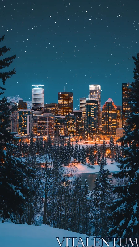 Snowy winter skyline with illuminated city towers at night.