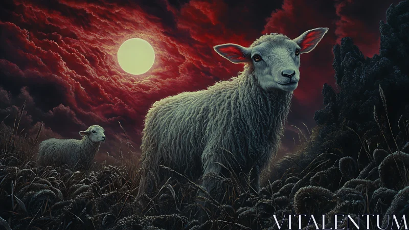 Moonlit sheep wander beneath a crimson storm of clouds.