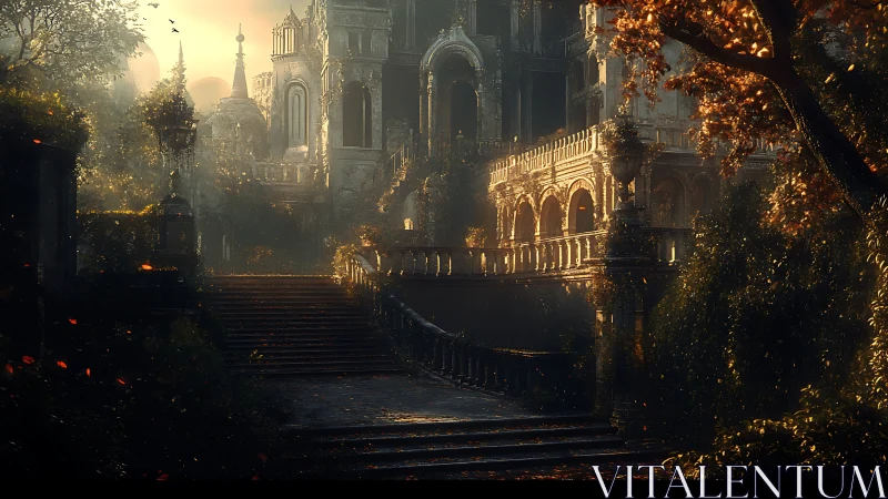Golden dusk softens an abandoned fantasy palace in the trees