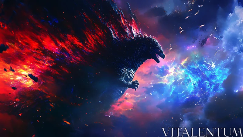 Thermonuclear kaiju silhouette bisecting chromatic nebulae.