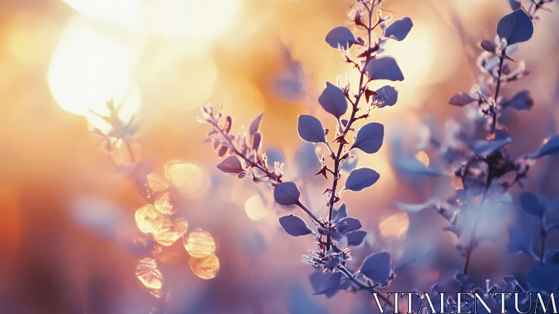 Backlit frosted foliage with shallow depth and warm bokeh glow